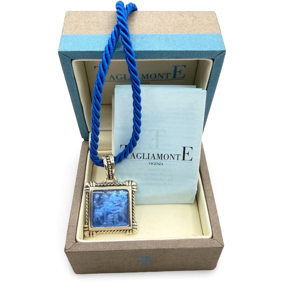 Vintage TAGLIAMONTE Italy Sterling Silver Blue Venetian Glass Intaglio Pendant